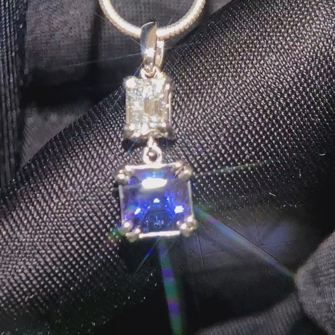 Asscher cut Tanzanite & Emerald Diamond Pendant