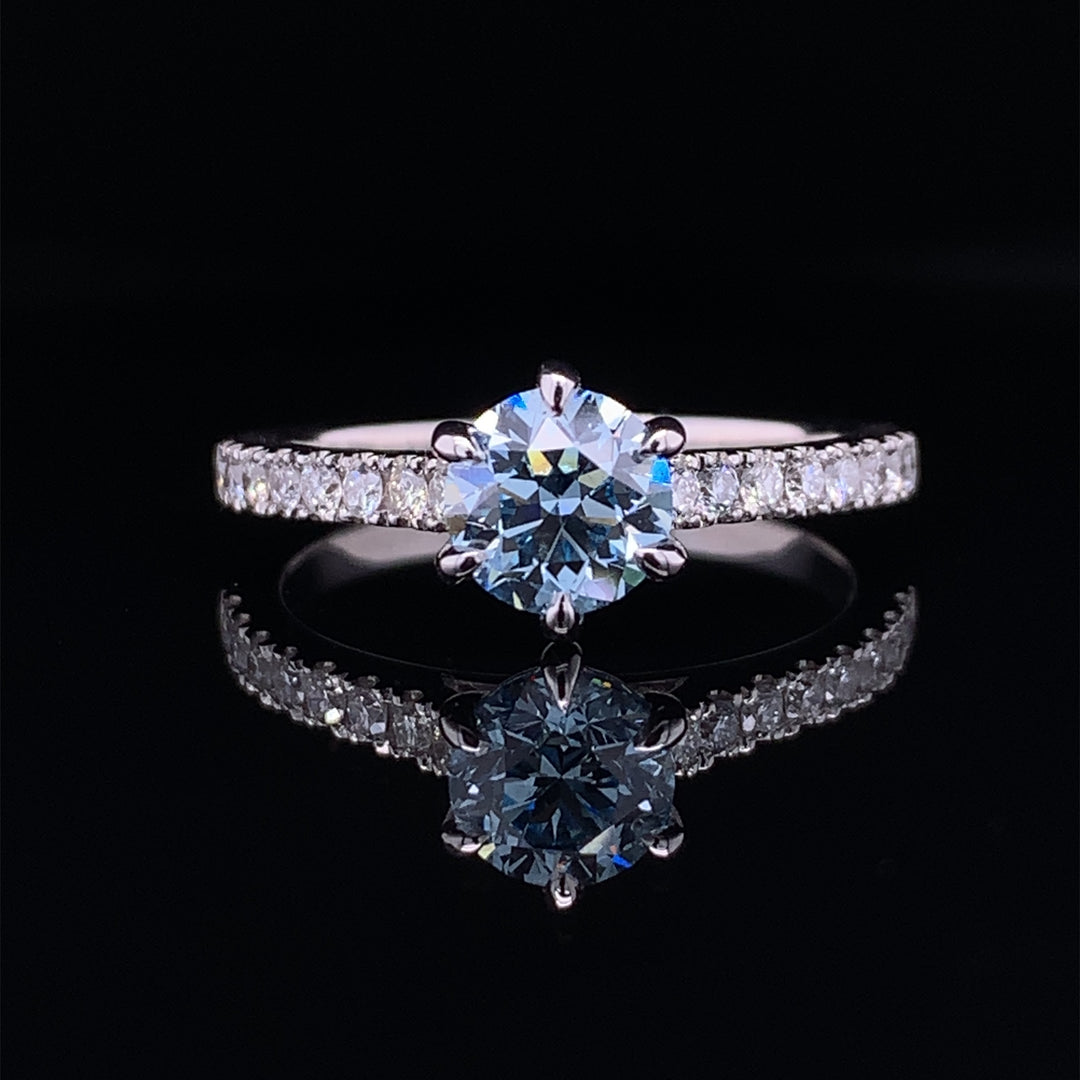 Blue Moissanite Accented Shank Solitaire