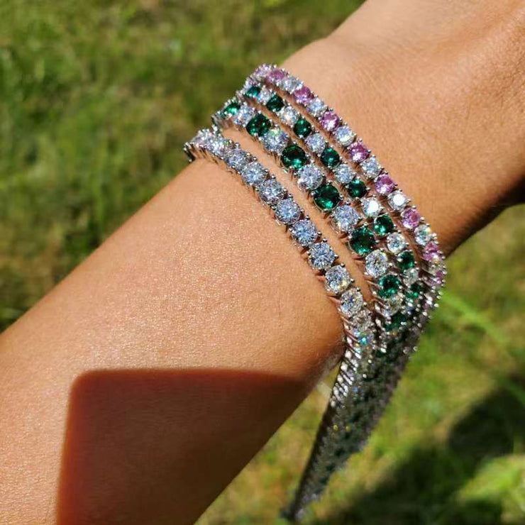Moissanite & Lab Zambian Emerald Tennis Bracelet (4mm Round Brilliant Cut)