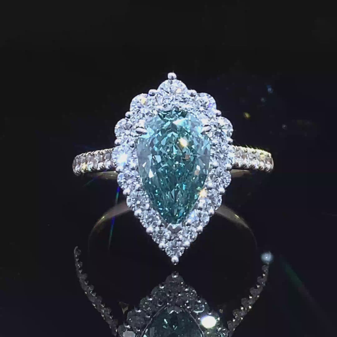 Pear Teal Diamond Halo Ring