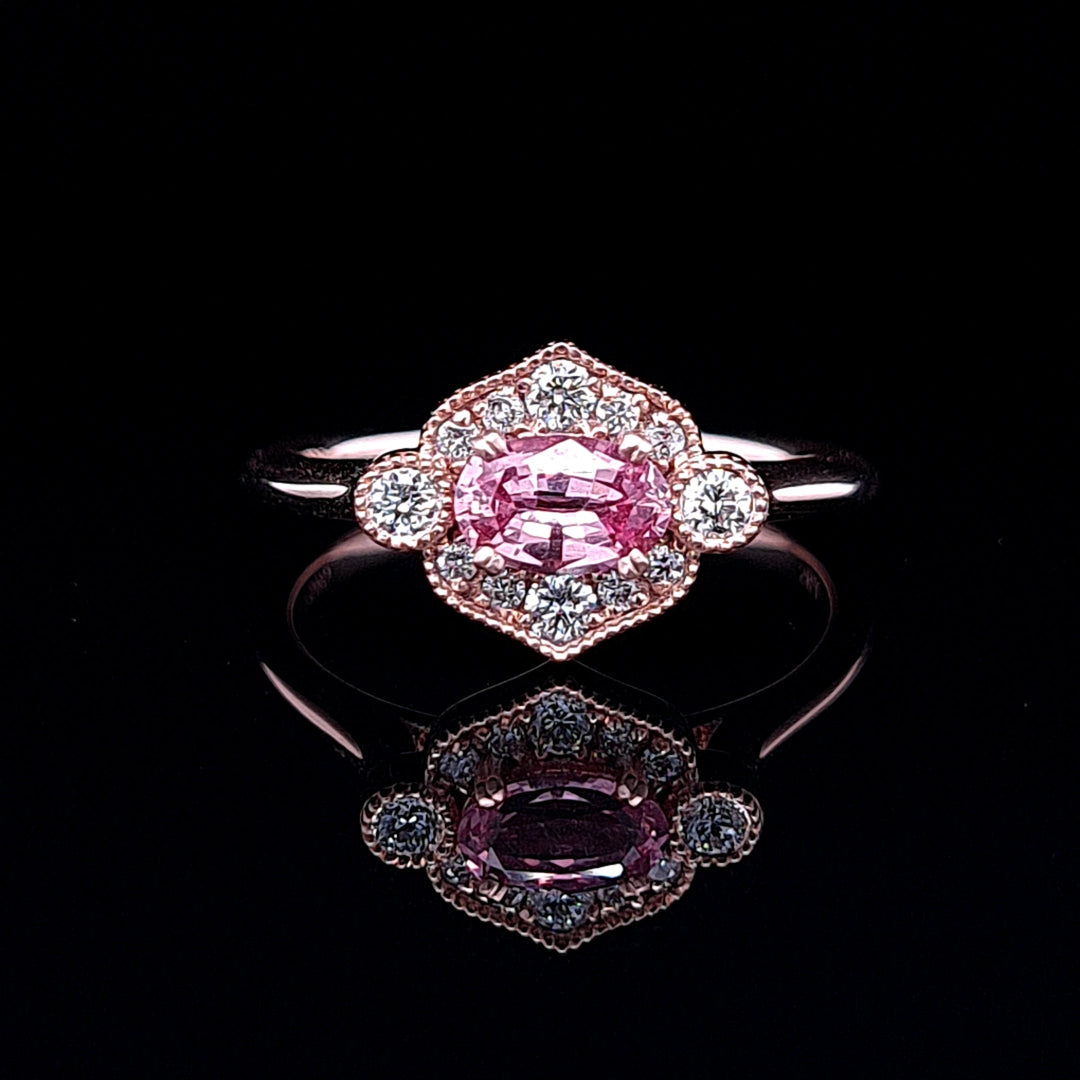 SALE - One of a Kind 14K Rose Gold Intense Peach Sapphire & Diamond Custom Ring