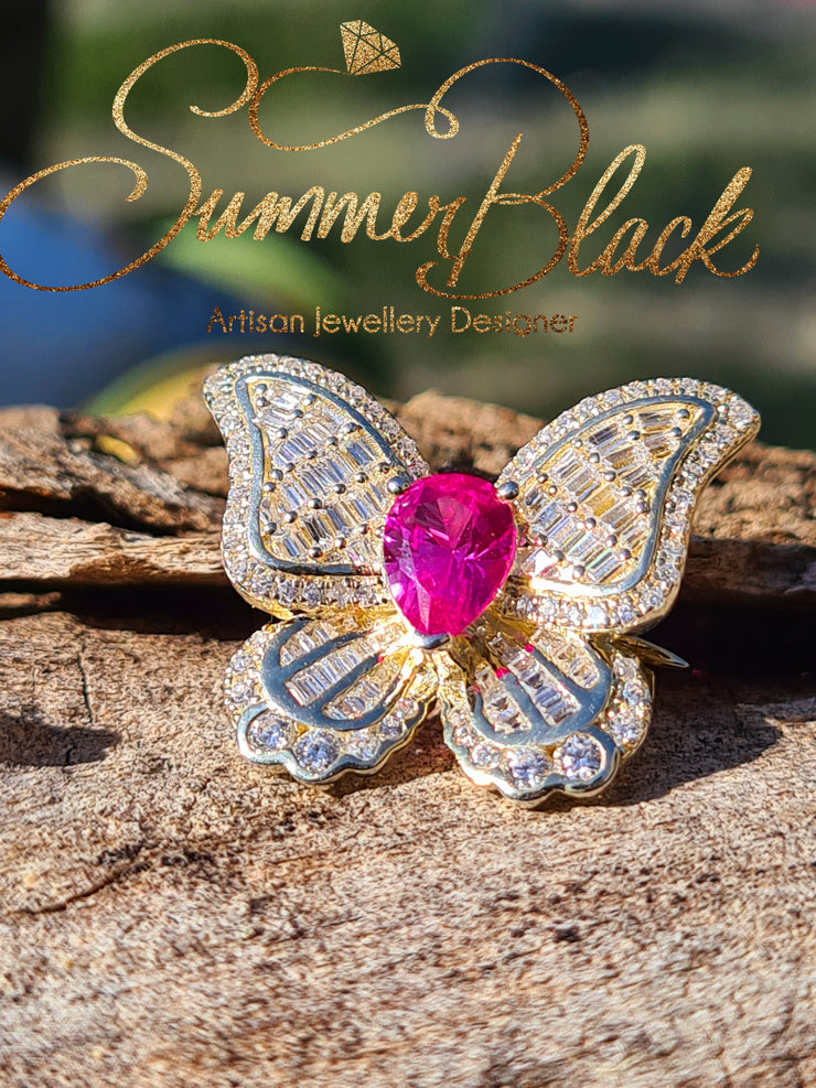Pink Sapphire & Diamond Butterfly Brooch- Custom 0047