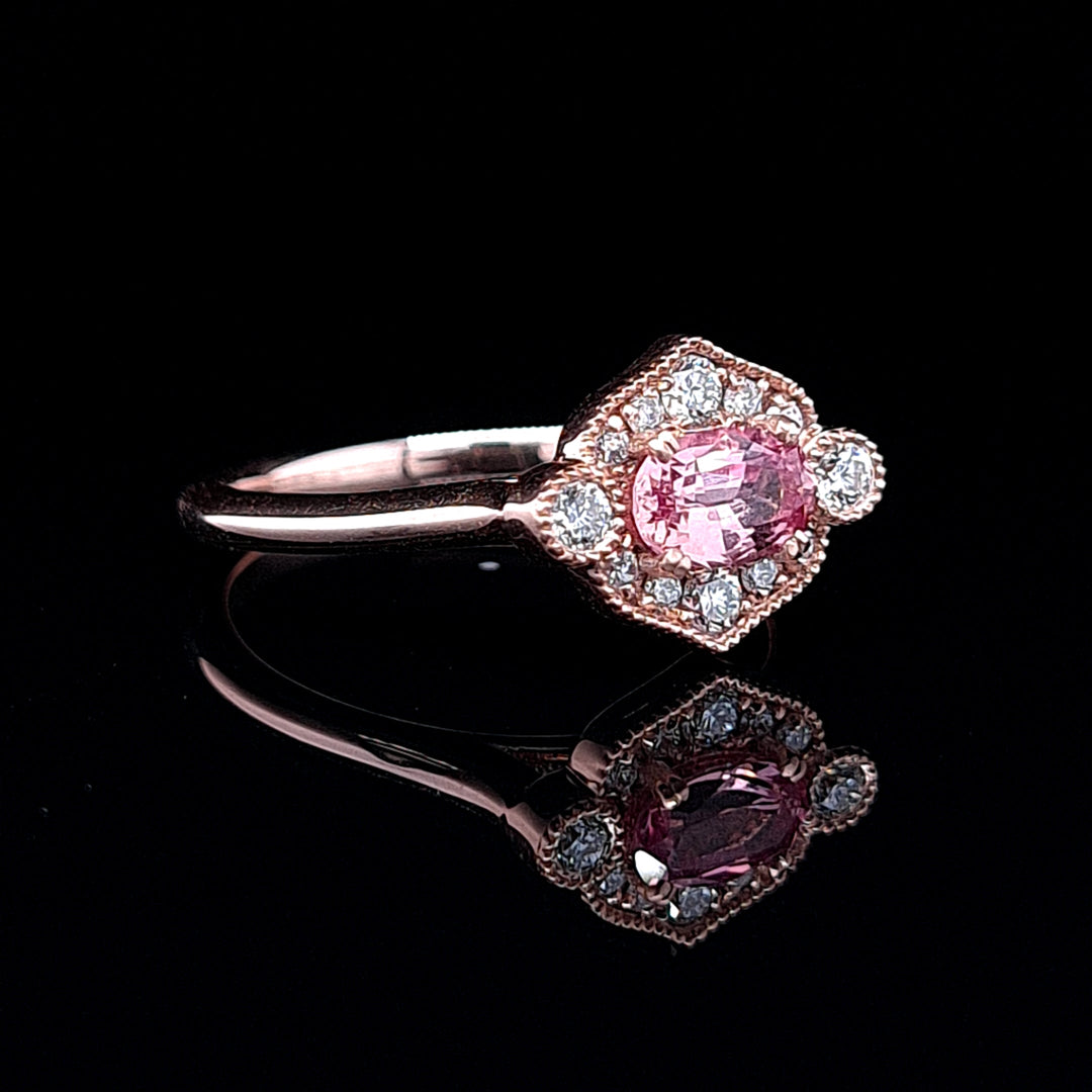 SALE - One of a Kind 14K Rose Gold Intense Peach Sapphire & Diamond Custom Ring