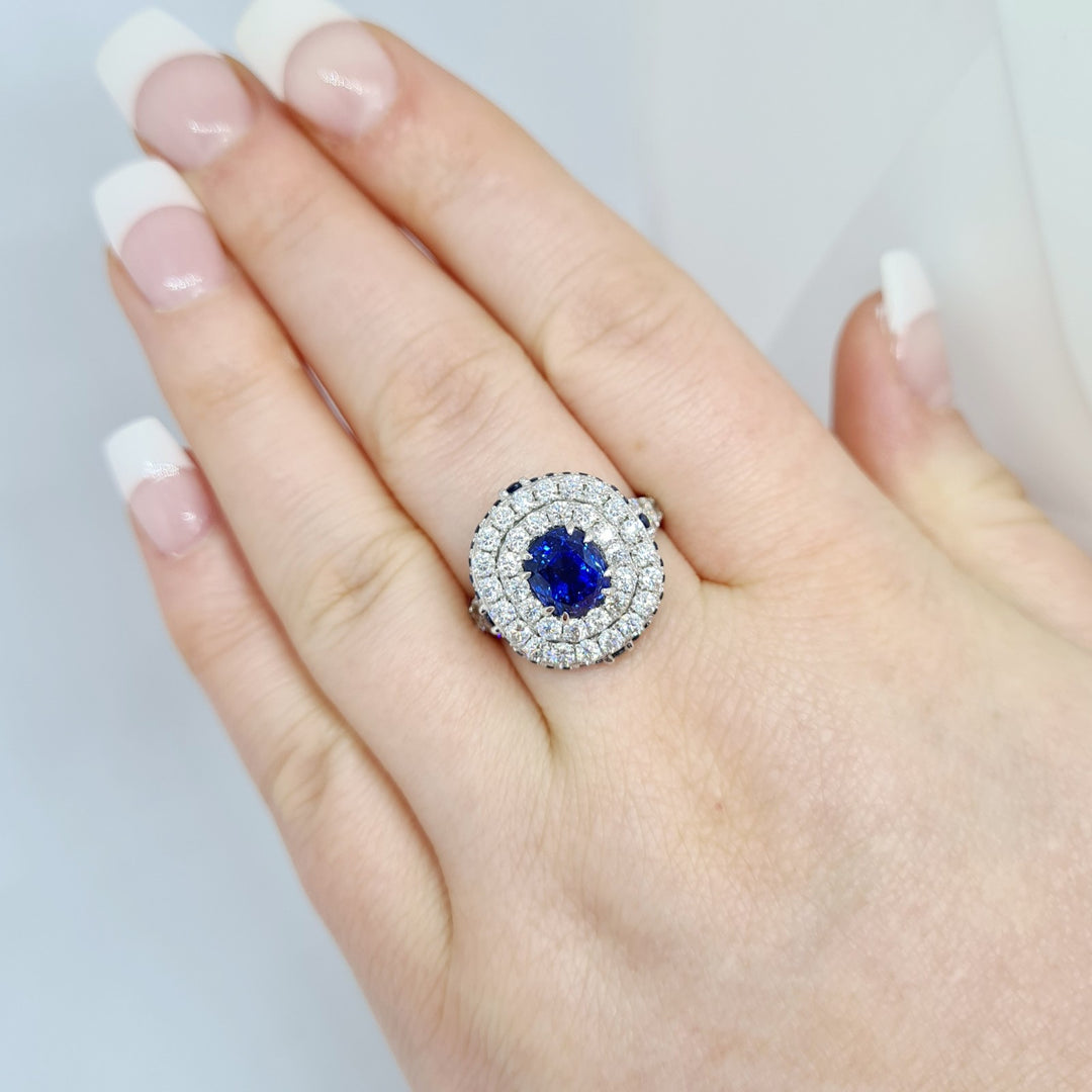 Royal Blue Lab Sapphire & Moissanite Halo Ring