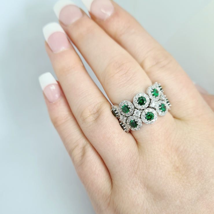 Multi Halo Lab Columbian Emerald & Moissanite Band