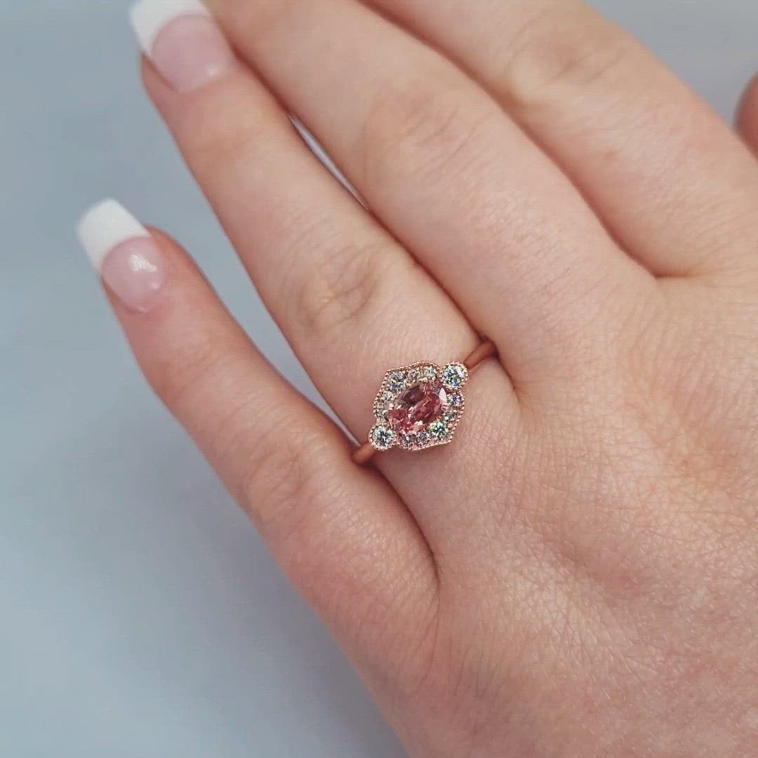 SALE - One of a Kind 14K Rose Gold Intense Peach Sapphire & Diamond Custom Ring
