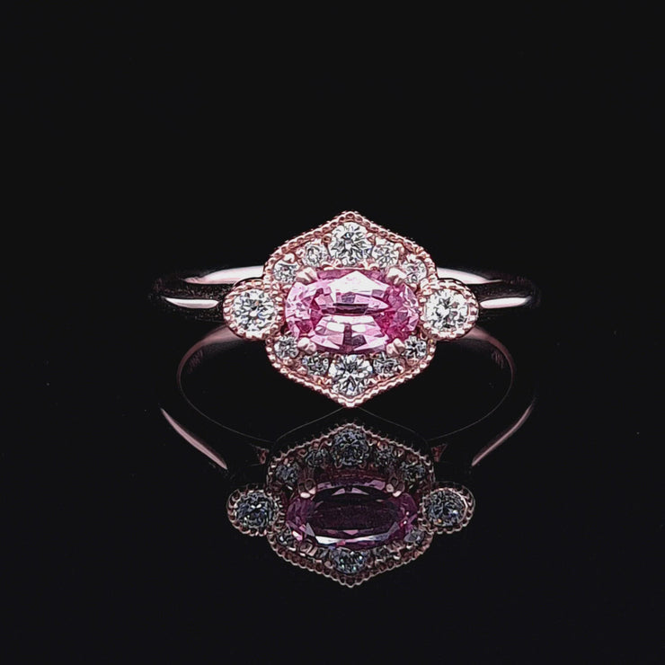 One of a Kind 14K Rose Gold Intense Peach Sapphire & Diamond Custom Ring