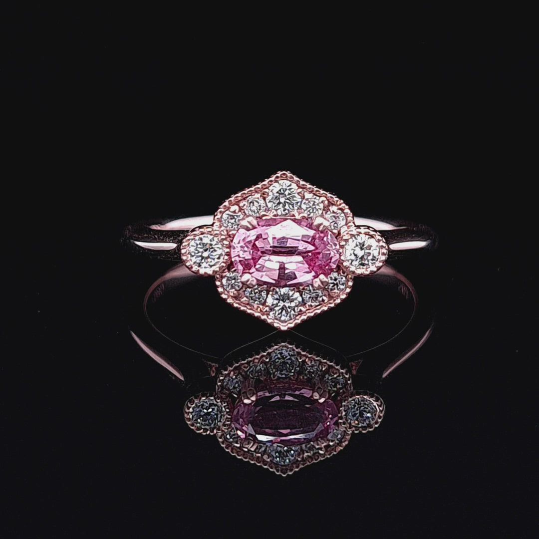 SALE - One of a Kind 14K Rose Gold Intense Peach Sapphire & Diamond Custom Ring